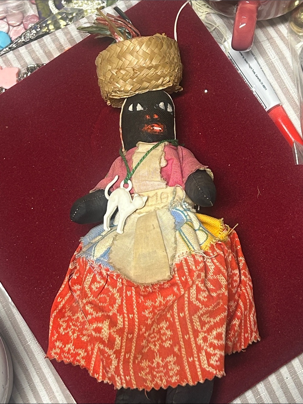 Handmade Red Skirt Folk Doll with Straw Hat